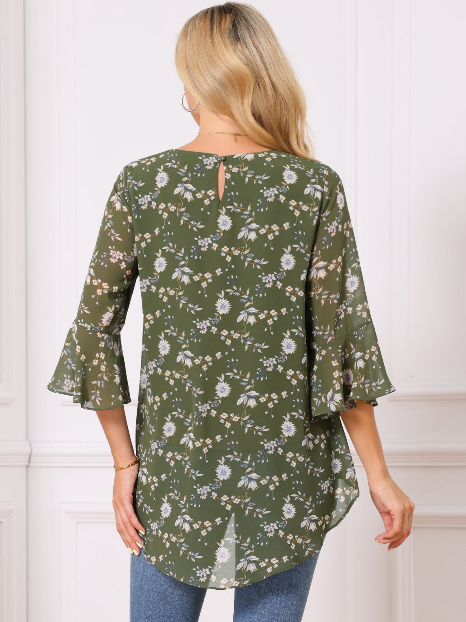 DARING DIVA Women's High Low Floral 3/4 Sleeve Chiffon Blouse Dressy Shirt M Green
