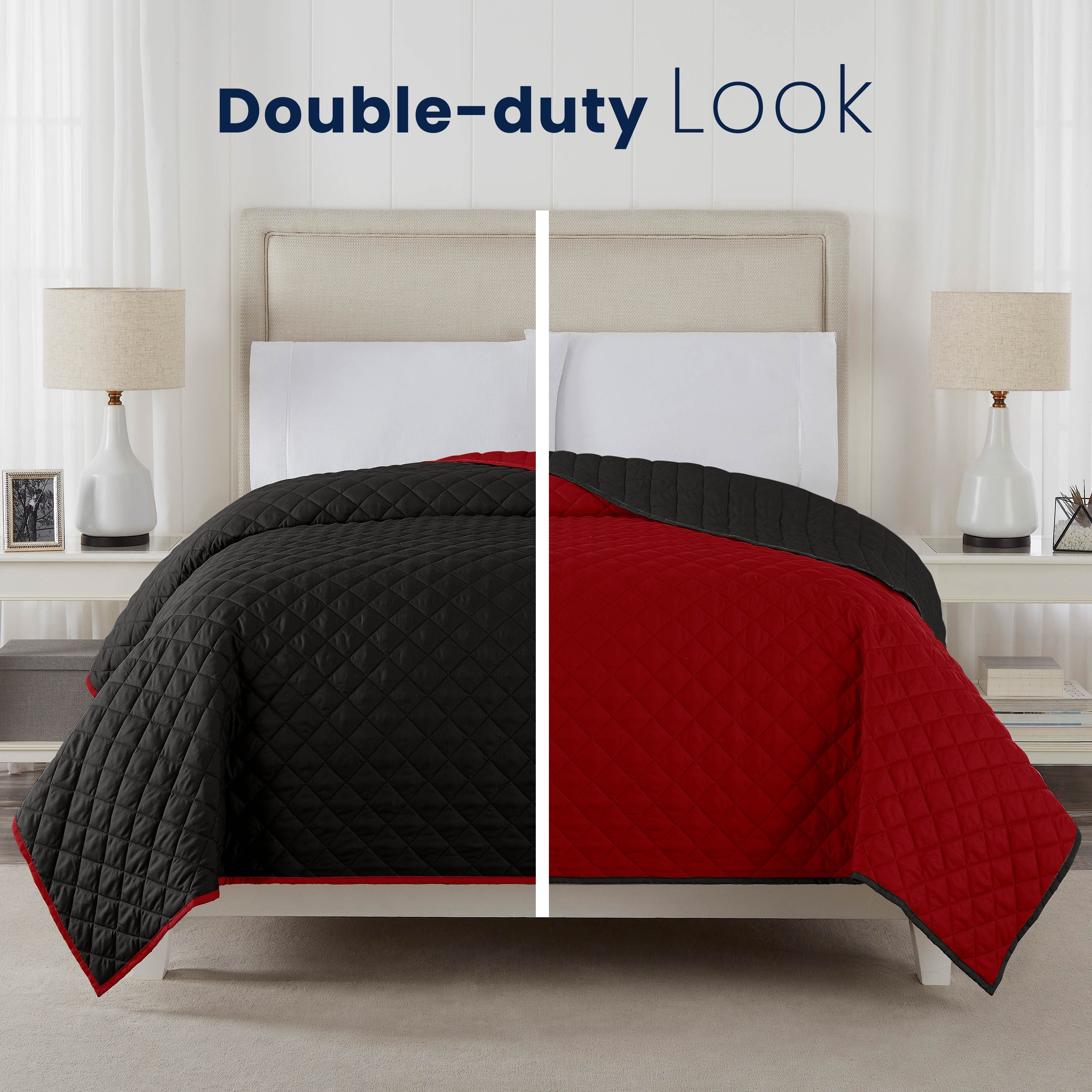 Martex Reversible Microfiber Twin Coverlet, Cozy Lightweight Bedding, Ebony/Red