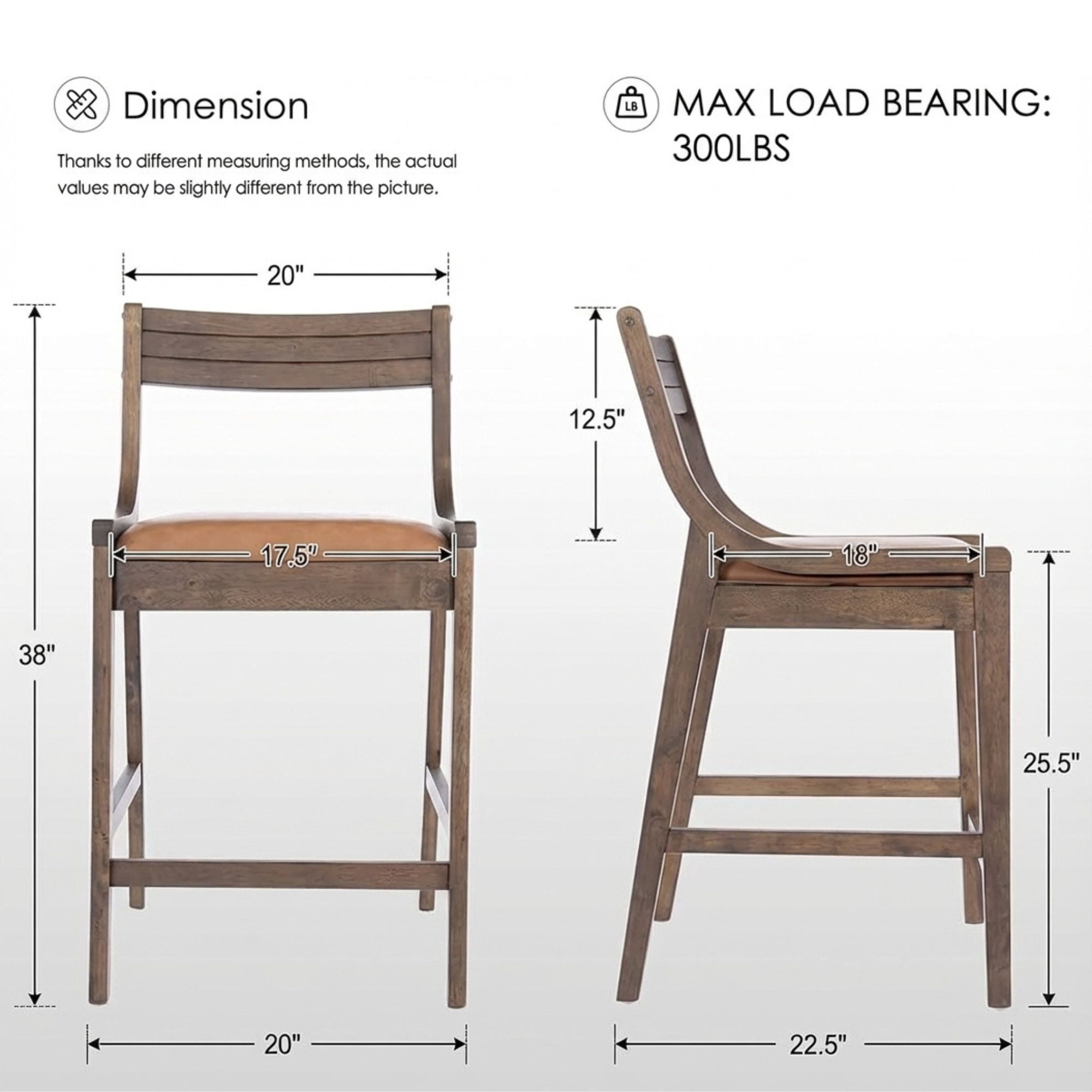 Dayalane Modern Farmhouse Bar Stools Set of 4, 26”Counter Height Bar Stools with Slatted Back, PU Leather Upholstered & Solid Wood Legs Barstools for Kitchen Island Dining Rooms and Home Bars, Brown