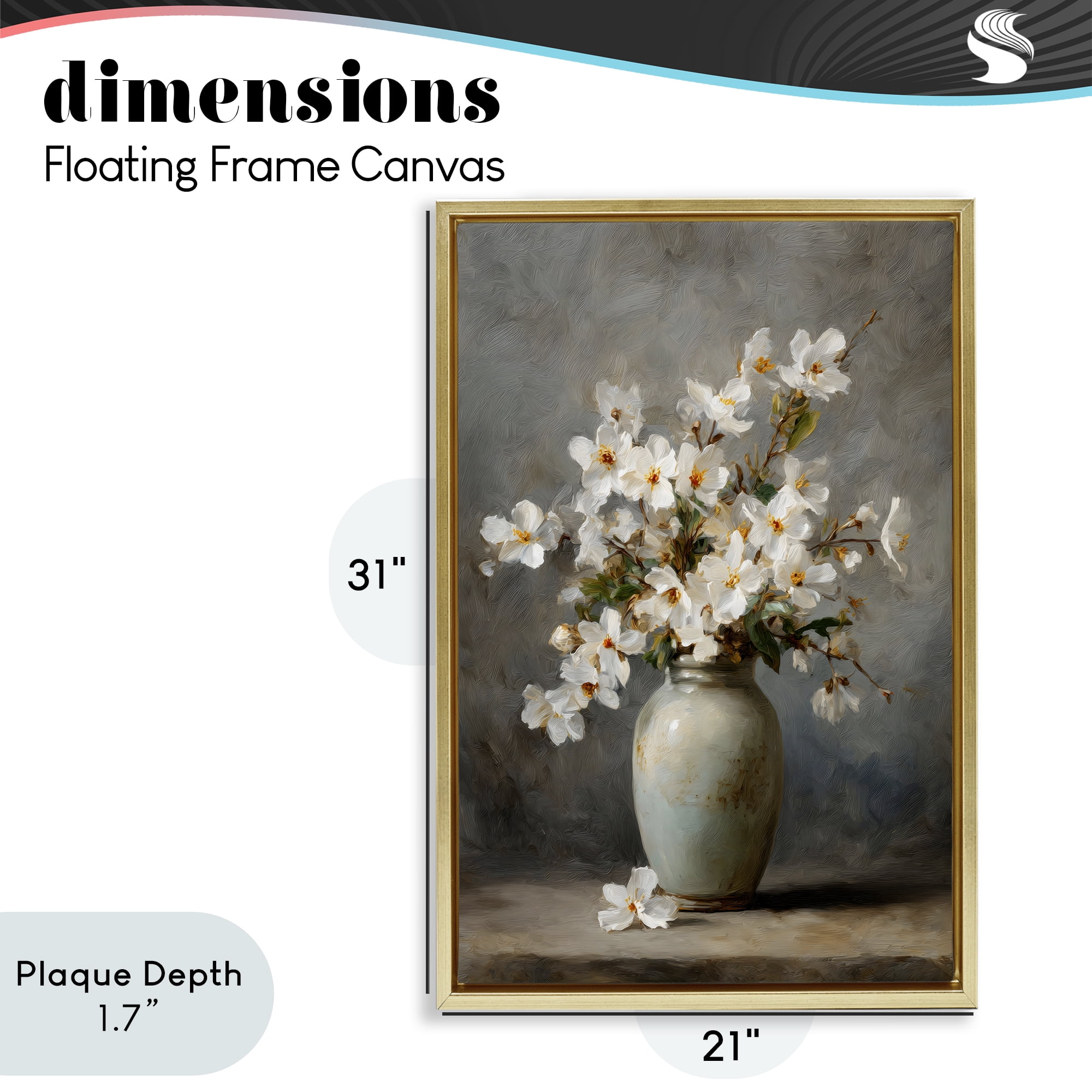 Stupell Industries Full White Flowers in Vase Gold Framed Floater Canvas Wall Art, design by Petal Prints Design