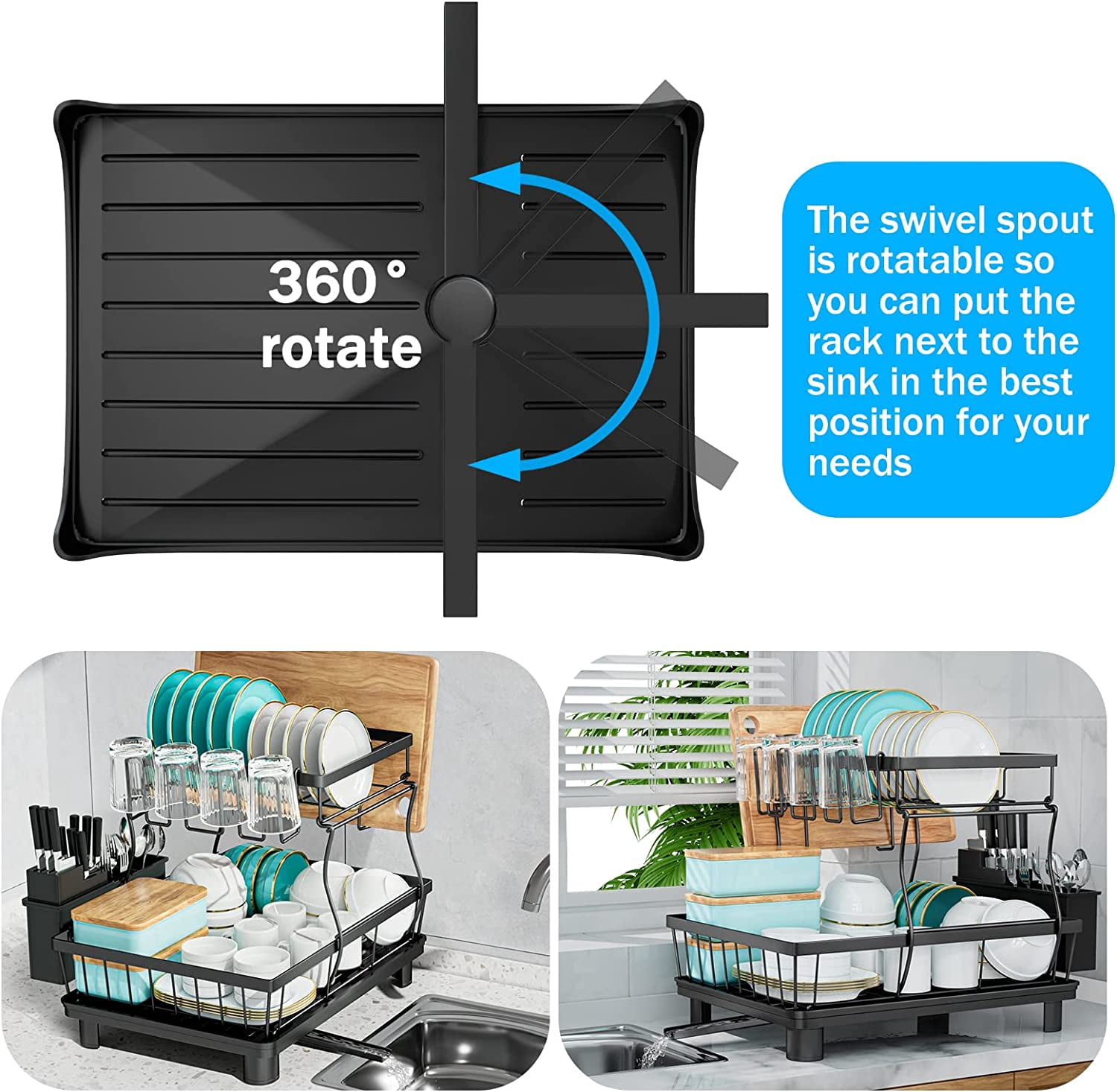 Large Dish Drying Rack, 2-Tier Dish Racks for Kitchen Counter, Detachable Large Capacity Dish Drainer Organizer with Utensil Holder, Dish Drying Rack with Drain Board, Black