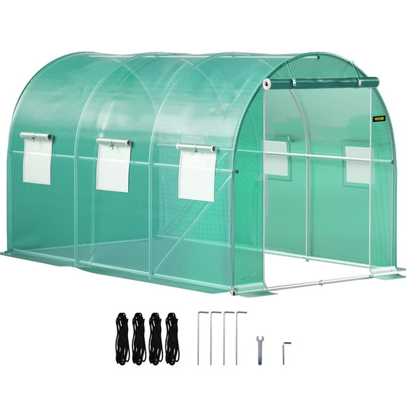 VEVOR Serre Tunnel à Entrée Piétonne, Serre Chaude Portative pour Plantes 12 x 7 x 7 Pi avec Arceaux en Acier Galvanisé, 1 Poutre Supérieure, Poteaux Diagonaux, Porte à Glissière et 6 Fenêtres Enroulables, Vert
