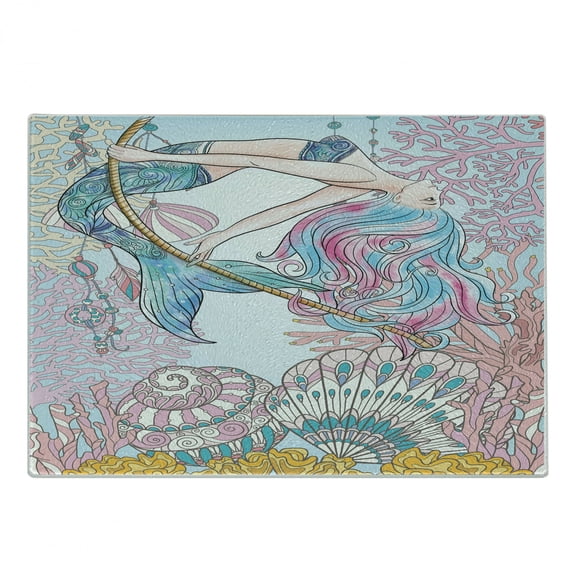 Mermaid Cutting Board, Cartoon Woman in Sea Sirens of Greek Myth Female Human Tail of Fish Image, Decorative Tempered Glass Cutting and Serving Board, Small Size, Pink Blue, by Ambesonne
