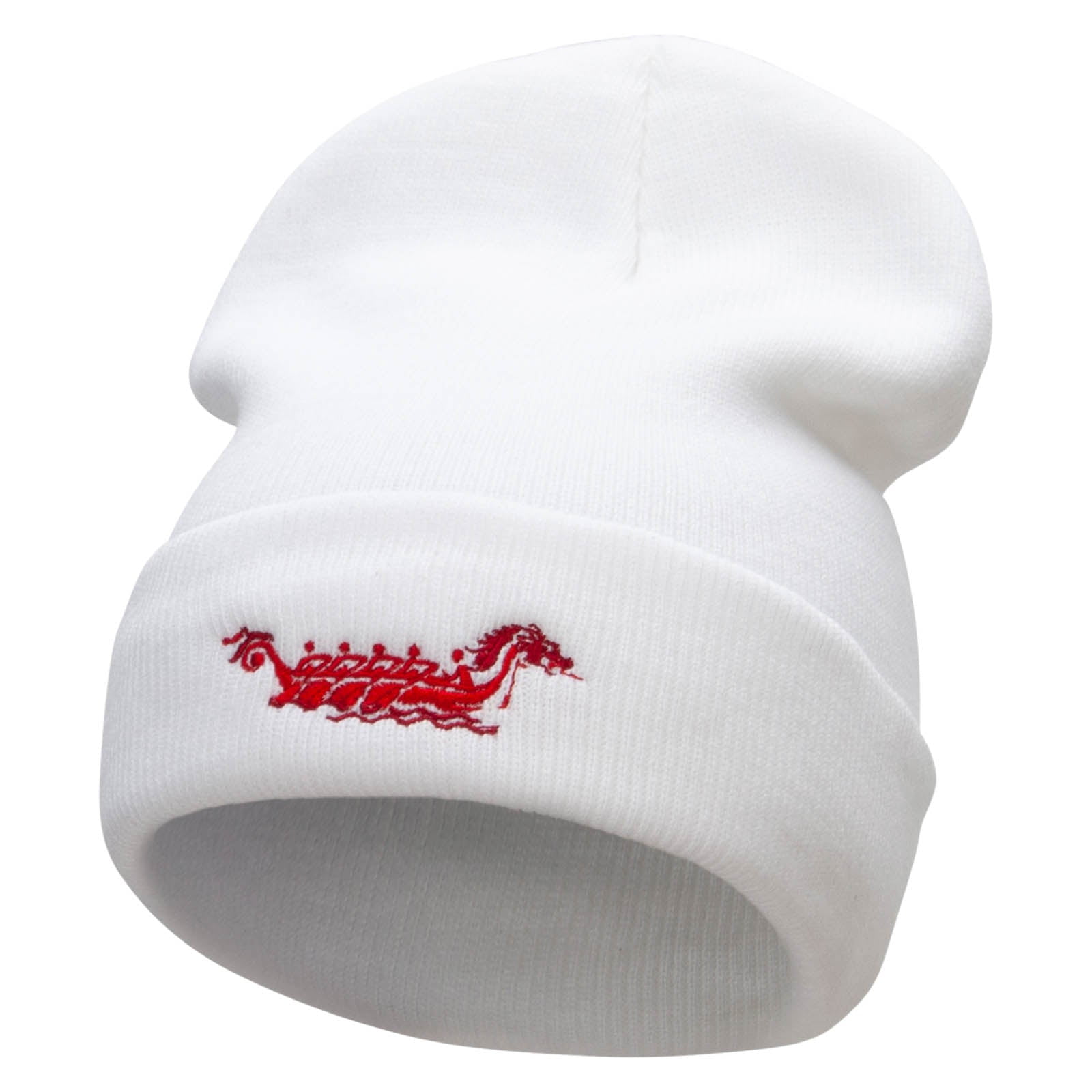 Melting Happy Face Embroidered 12 Inch Long Knitted Beanie - White