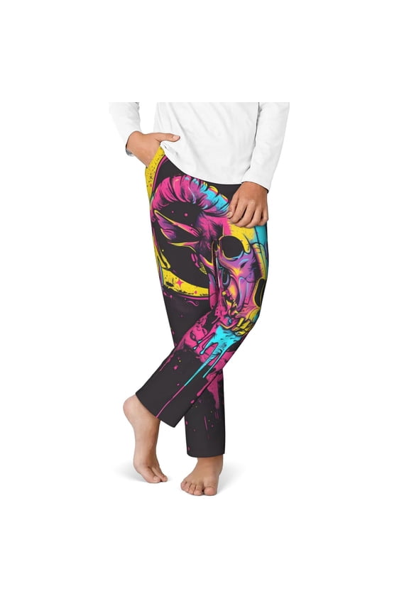 Neon Gothic Skull Moon Print Youth Home Trousers, Elastic Waistband with Pockets for Home and Outing, Suitable for Children Aged 5-16-XS(5-6)