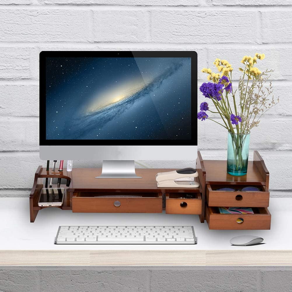 WAYTRIM Bamboo Monitor Stand, Wood Computer Monitor Riser, Wooden Desktop Organizers with