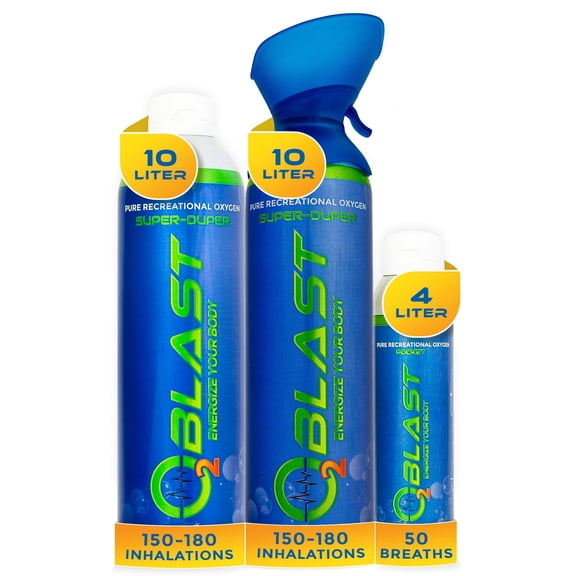 O2 Blast“ Pure Oxygen for Energy, Recovery & Performance - 10-Liter and 4-Liter Can with Sanitary Flip Top Cap, 10-Liter Can with Custom Breathing Mask, Pack of 3