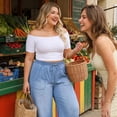 thumbnail image 2 of Agnes Orinda Women's Plus Size Jeans Drawstring Elastic Waist Denim Pants Casual Wide Leg Chambray Palazzo Pants with Pockets 1X Light Blue, 2 of 7