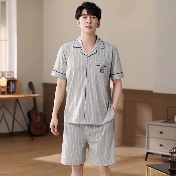 Pijama de manga corta para Hombre, ropa de dormir masculina con estampado a cuadros, de algodón, talla grande XXXL
