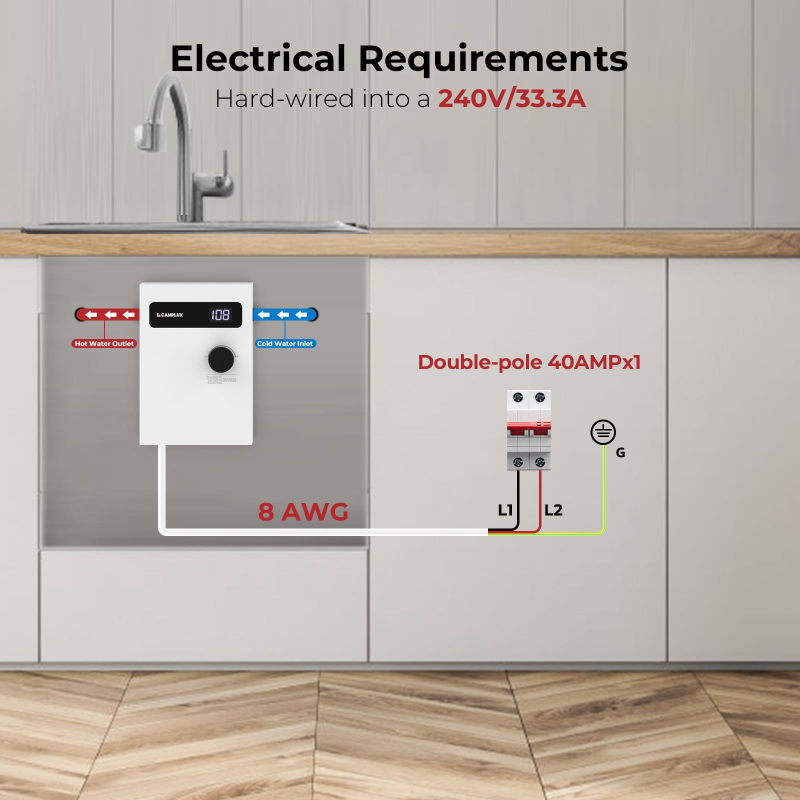 CAMPLUX 8 kW 1.5 GPM 240-Volt Tankless Electric Water Heater,TEW08,White