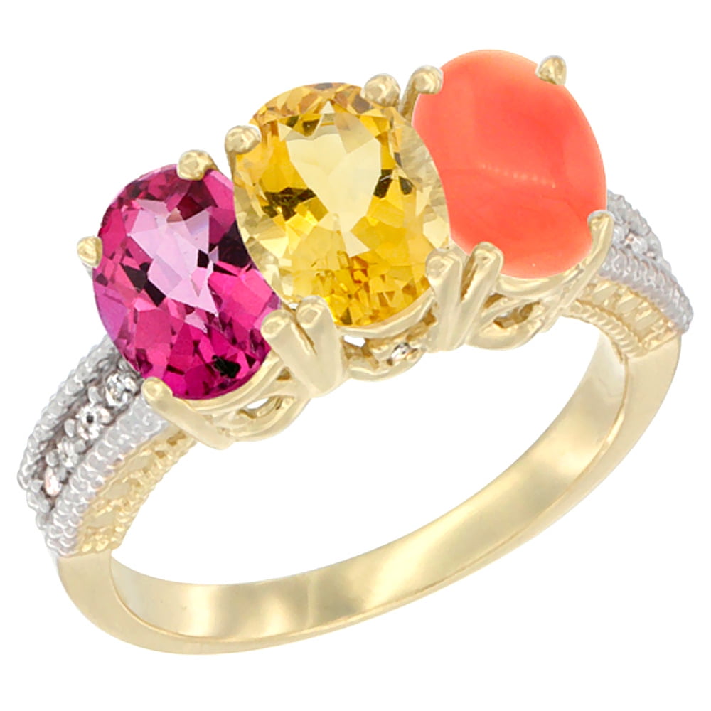 10K Yellow Gold Diamond Natural Pink Topaz, Citrine & Coral Ring 3-Stone Oval 7x5 mm, sizes 5 10 by WorldJewels