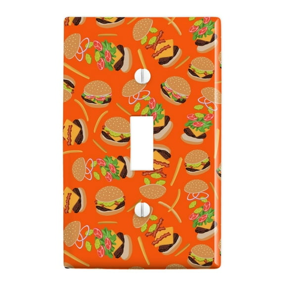 Hamburger Cheeseburger Pattern with Fries and Bacon Plastic Wall Decor Toggle Light Switch Plate Cover