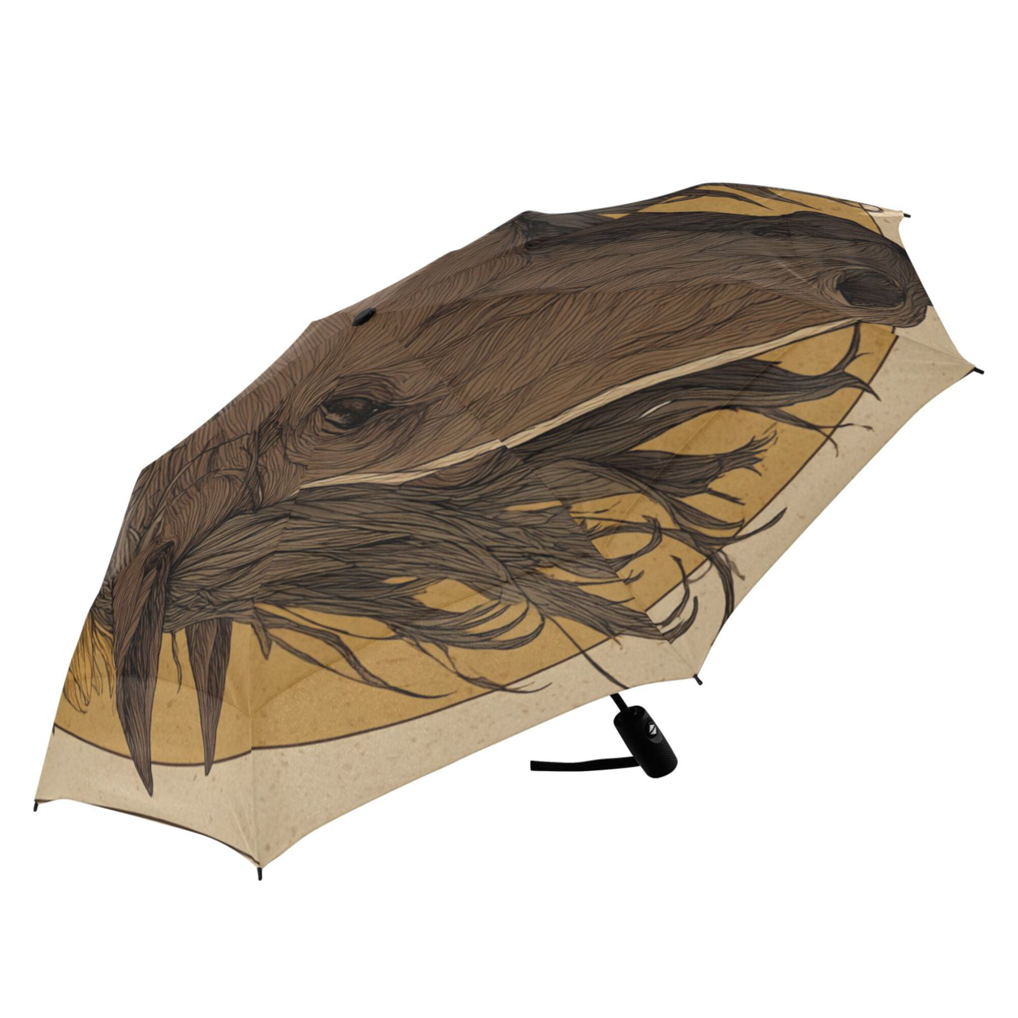 21" Inch Auto Open Close Folding Umbrella Windproof Waterproof Full Print 8-Rib Compact Travel Umbrella for Rainy Days Brown Horse with Sunflower