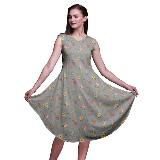 Bimba Robe d'Été Sans Manches à Col Rond pour Femmes, Imprimée de Feuilles Grises et de Fleurs de Plumeria, Tenue Décontractée-Xx-Grand