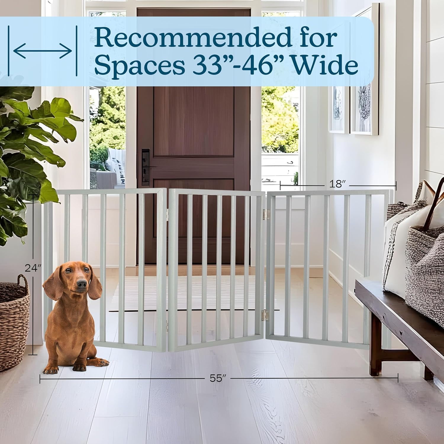 Foldable Indoor Dog Gate with 4 Panels for Stairs, Hallways, or Doorways - 72x24-Inch Retractable Wood Freestanding Pet Barrier (Gray)