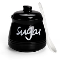Porcelain Sugar Bowl with Lid and Spoon, 12 Ounces Ceramic Sugar Storage Jar, Sugar Container for Home and Kitchen (Black)
