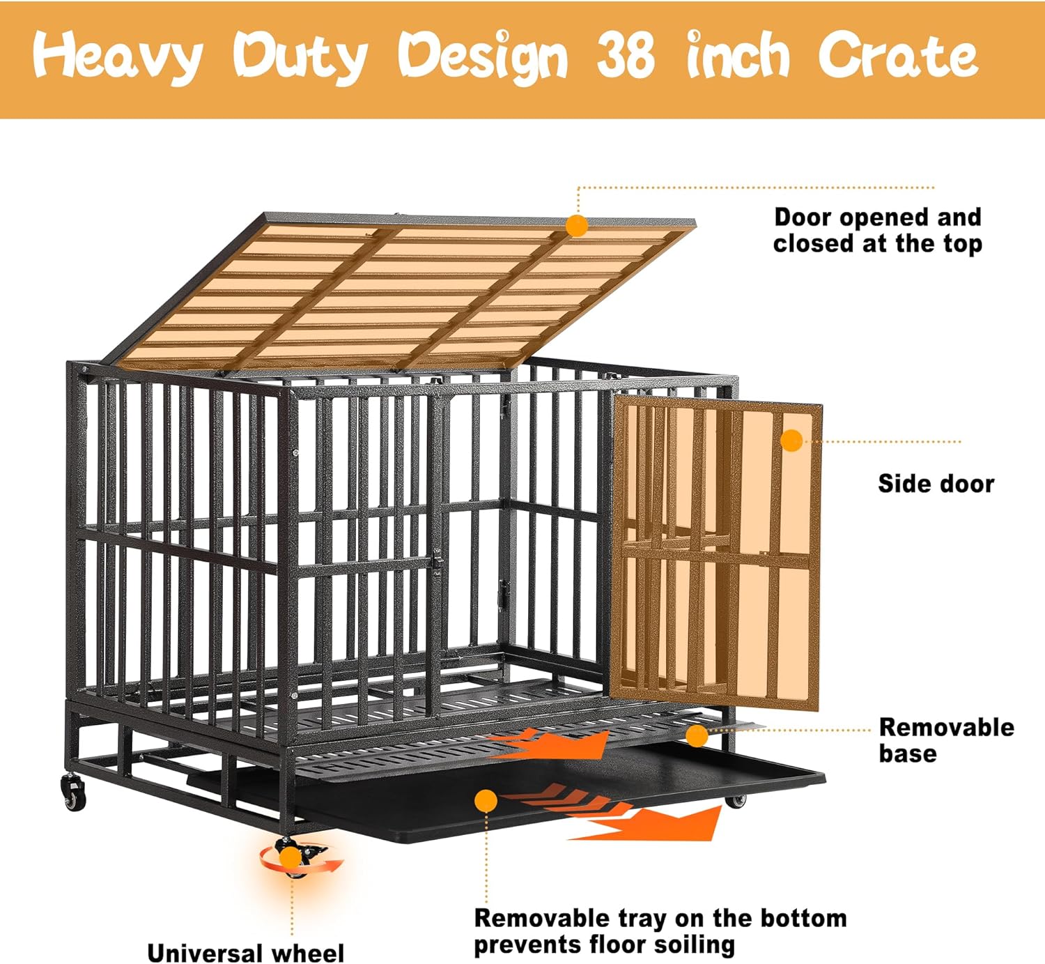 Magic Union 38 inch Large Heavy Duty Dog Crate with Lockable Wheels and Removable Tray for Large Dog,Escape Proof Folding Dog Cage Kennel with Sturdy Lock for Indoor and Outdoor,Black