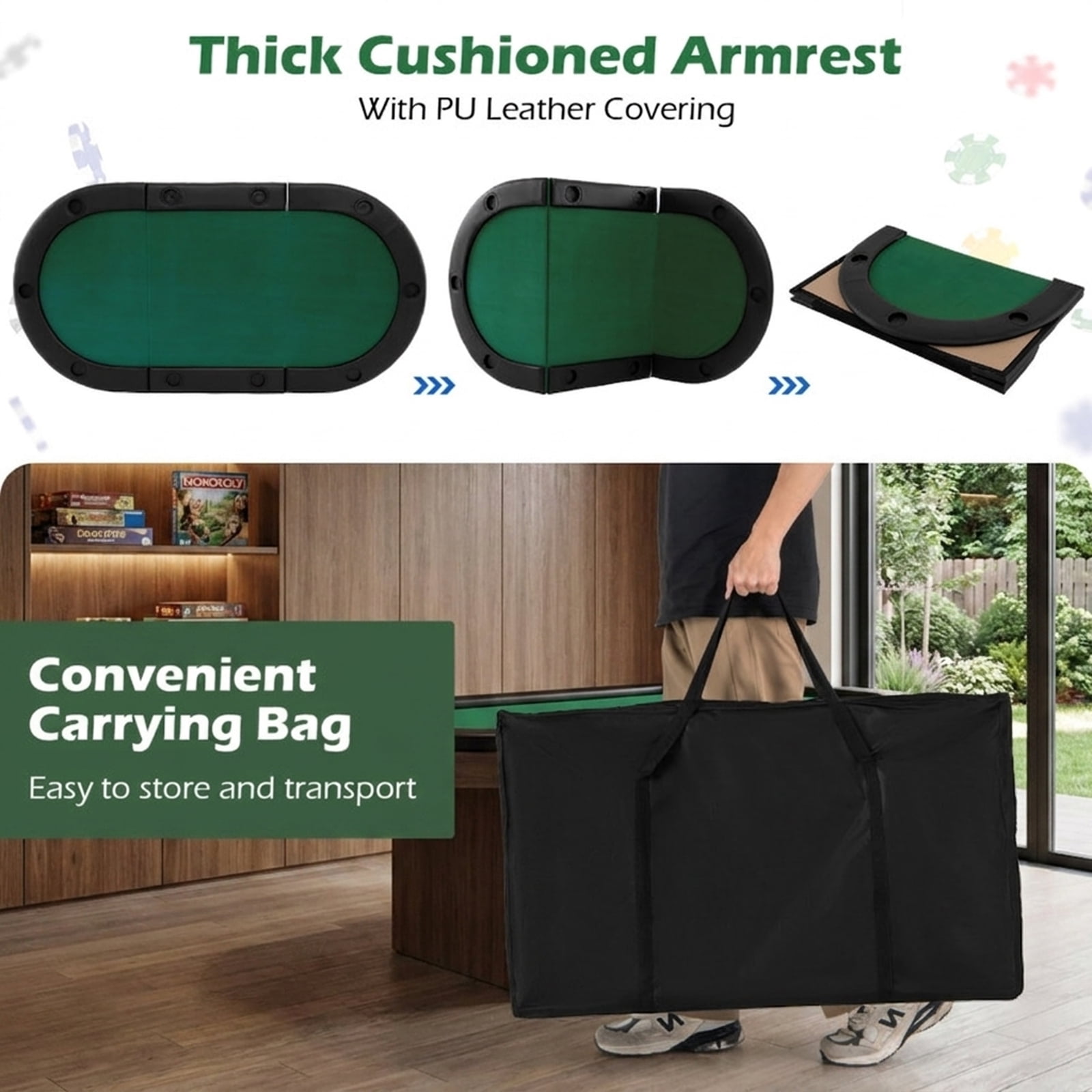 Redsmile 84 x 42 Inch 10-Player Foldable Poker Table Top, Portable Padded Card Game Table Topper with 10 Cup Holders and Carrying Bag, Folding Poker Table Top for Home Party, Green