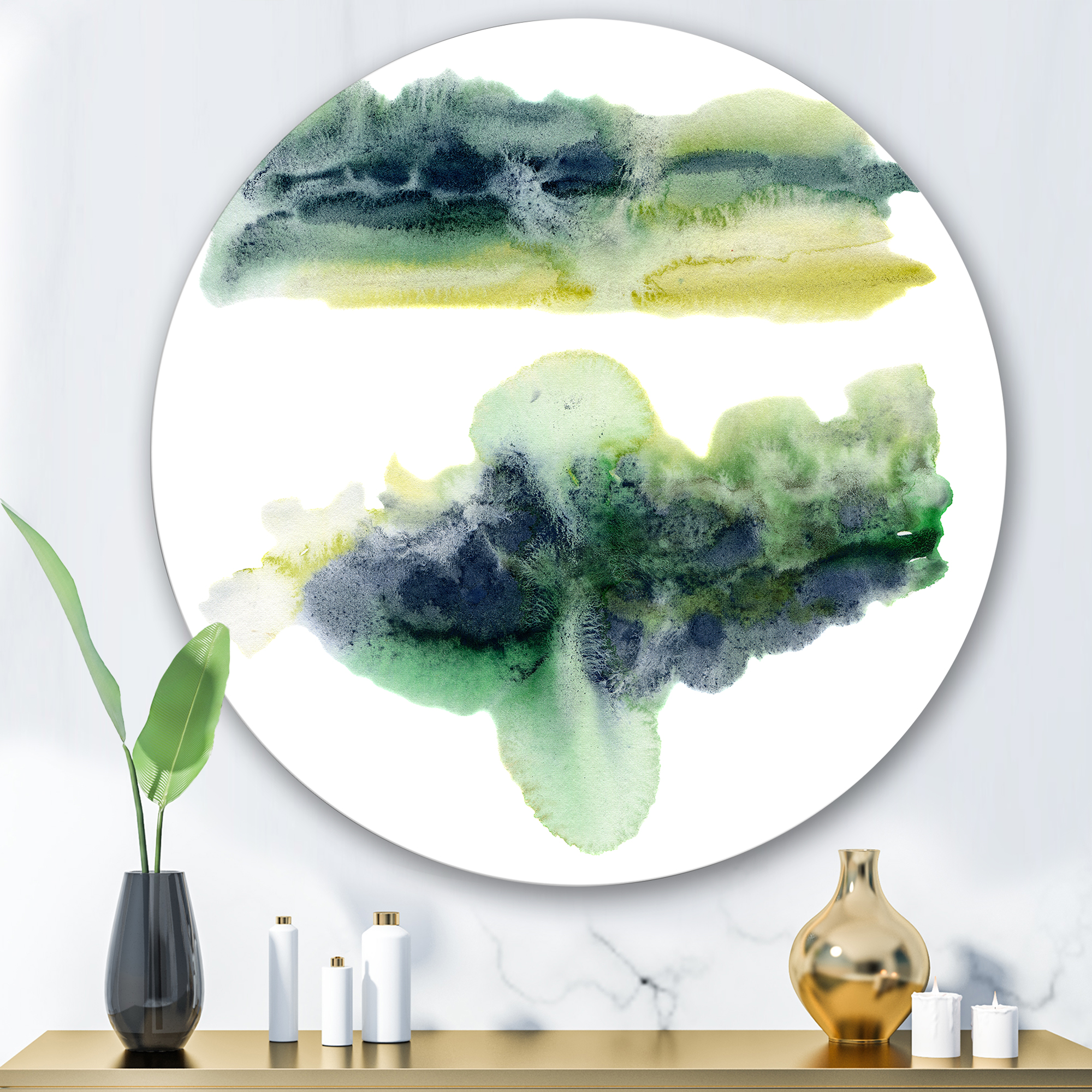 Designart 'Golden Green Abstract Clouds IV' Modern Circle Metal Wall Art 36x36 - Disc of 36