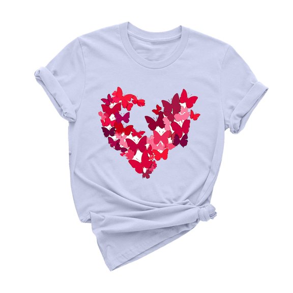 Valentines Women Butterfly Tops Love Heart Pullover Blouse Crew Neck Tshirts Short Sleeve Shirts Regular Casual Tee Shirt Easy Breathable Blouses Valentine's Date Top