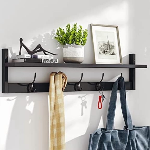 Wall-Mounted Shelf with Hooks - 28.9 Inch Entryway Hanging Shelf with 5 Dual Hooks for Bathroom, Living Room, Bedroom (Black)