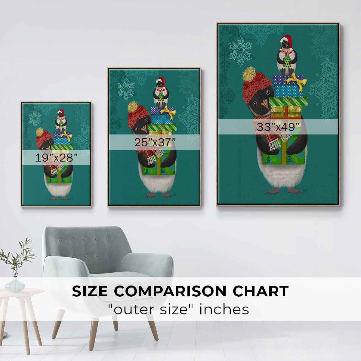 Christmas Penguin Gifts - Framed Gallery Wrapped Holiday Canvas - 27 x 41 - Natural Wood Frame