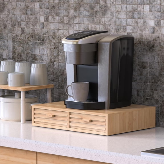 Bamboo K-Cup Pods Holder Organizer 60 Pod Capacity with 2 Sliding Drawers & 2 Coffee Pod Holder Inserts,Tea Bag Storage Box for Home, Office & Kitchen Countertop (15.5"Wx11.8"Dx3.3"H)