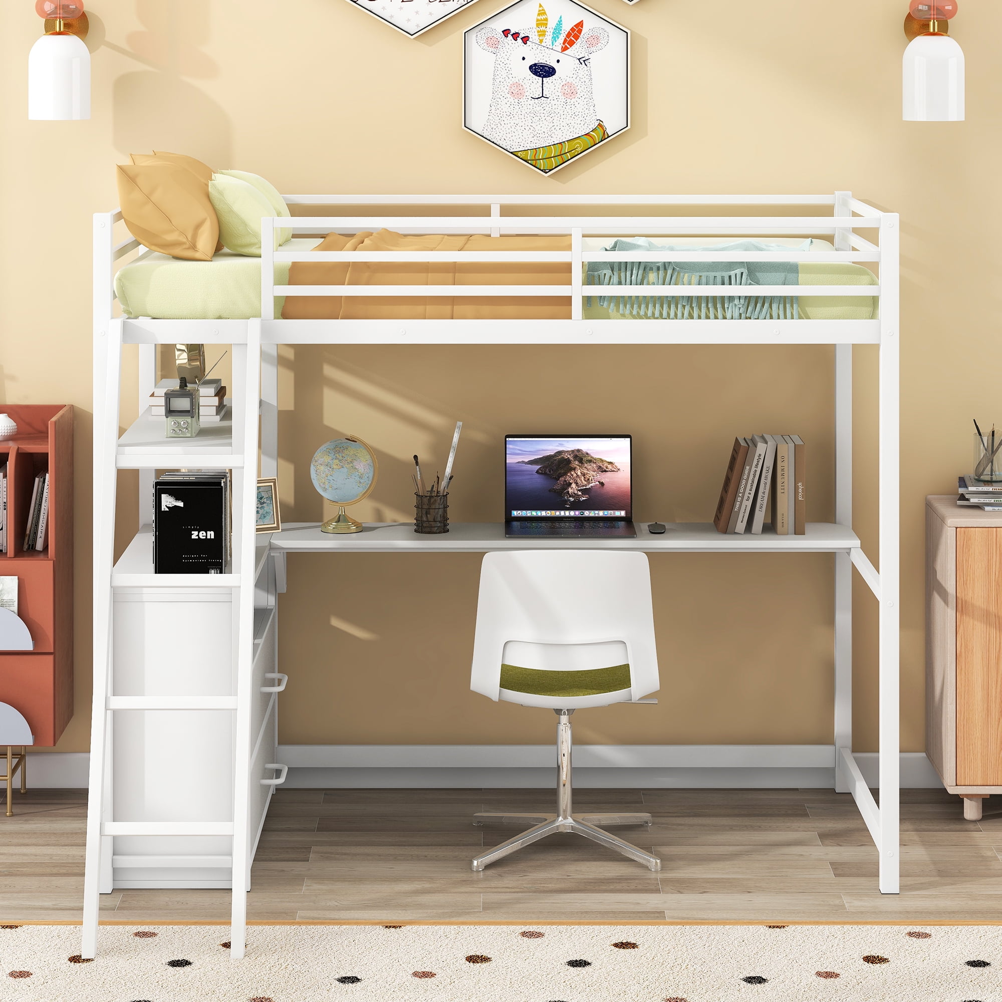 Yoneston Twin Size Loft Bed with Desk Shelve and Two Built-in Drawers, Heavy Duty Metal & Wood Loft Bed for Kids Toddles Bedroom, White