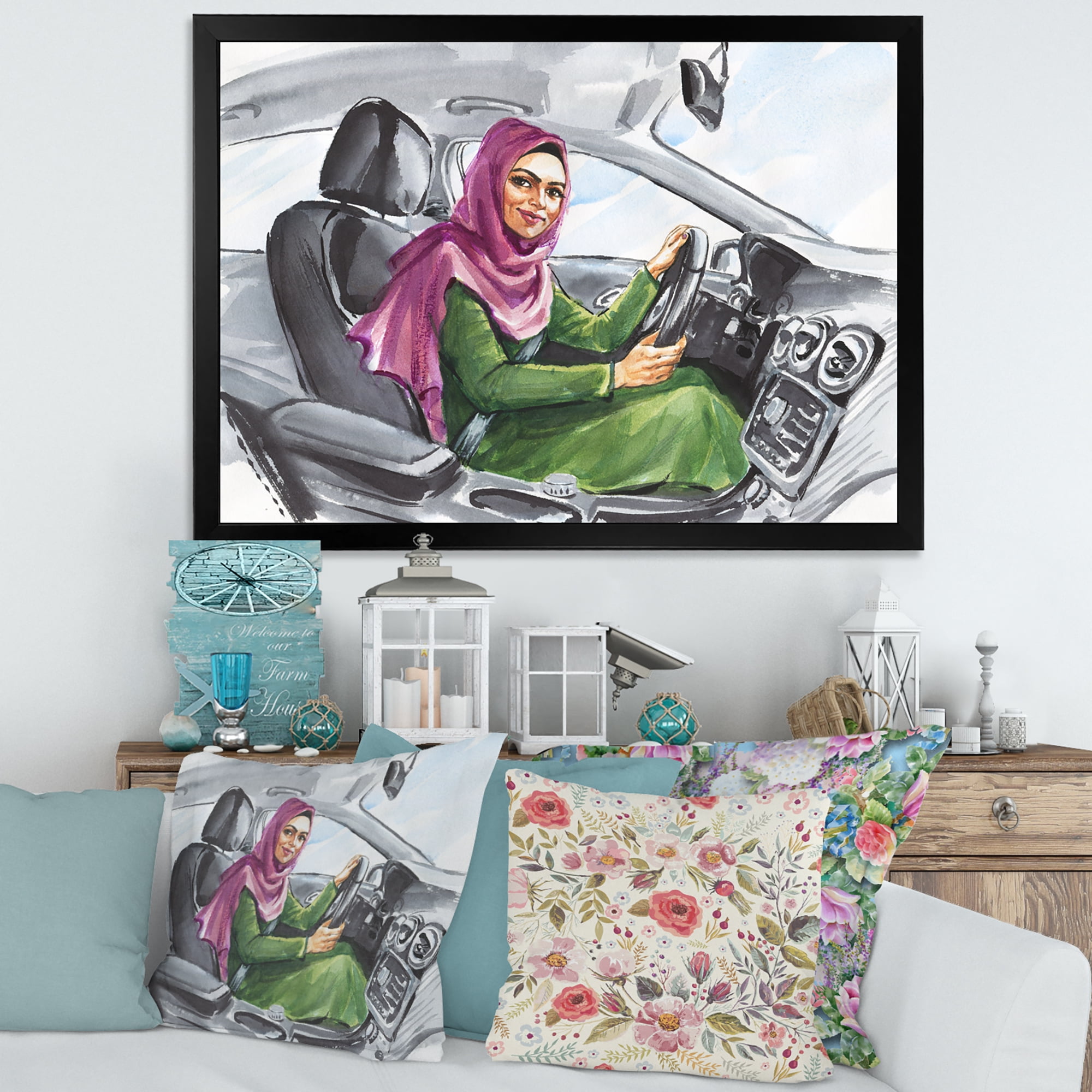 Designart 'Arabian Lady Driving A Car II' Modern Framed Art Print