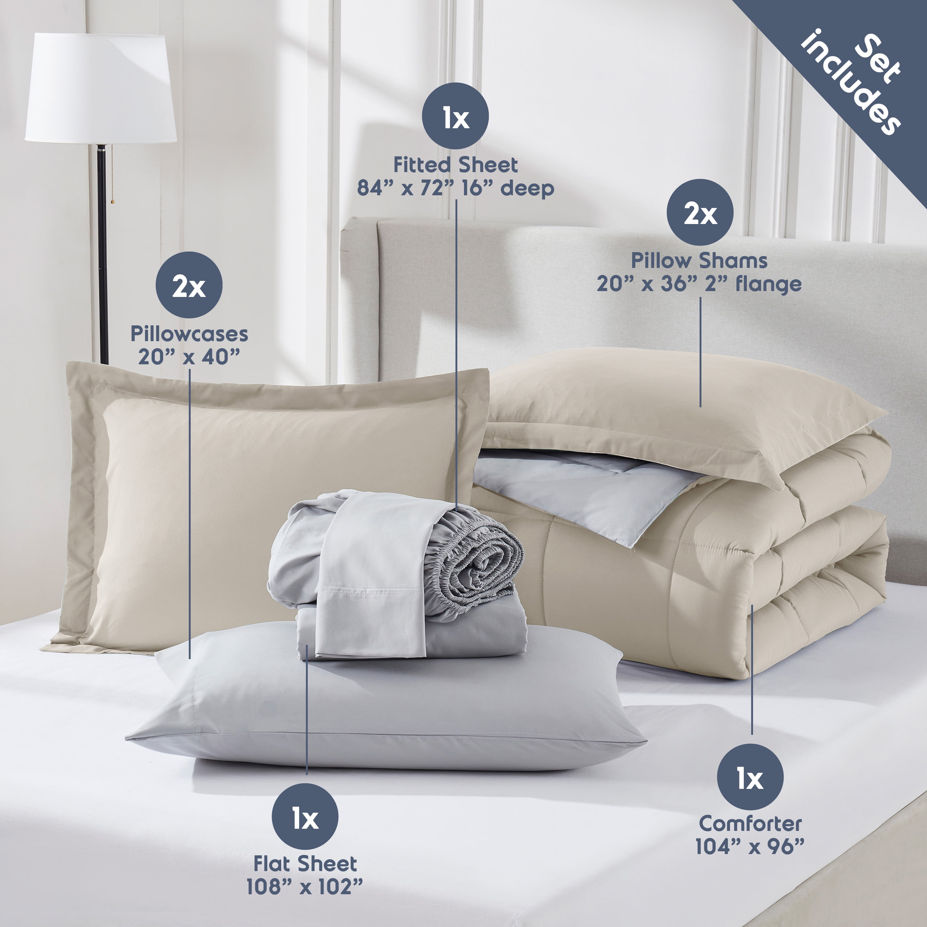 LammaLoe King Comforter Set, With King Sheets, Reversible Bed In A Bag 7 Piece, Bedding Set, Beige