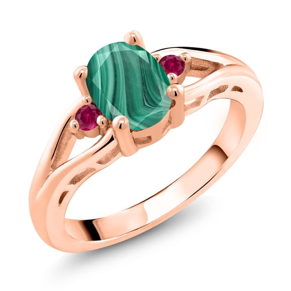Gem Stone King 18K Rose Gold Plated Silver Green Malachite and Red Created Ruby 3 Stone Engagement Ring for Women | 2.10 Cttw | Oval 8X6MM | Round 2MM | Gemstone Birthstone | Size 9