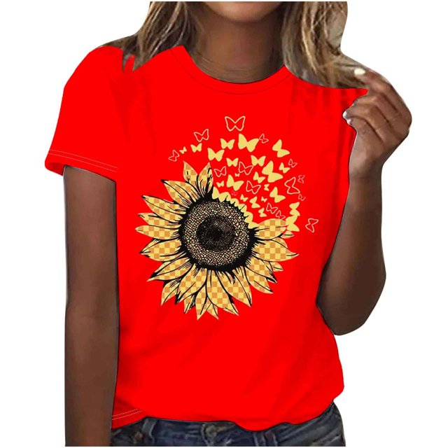 Camiseta de Manga Corta Impresa de Cuello Redondo Casual para Mujeres, 95% Poliéster 5% Elastano Top Ligero para Diario, Fiesta Y Uso