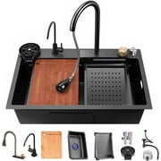 Black Nano Kitchen Sink 304 Stainless Steel Waterfall Sink Single Bowl Workstation Kitchen Sink With Multifunctional Top Loading Flying Rain pull-out faucet Black29.5x17.7x8.3 inch