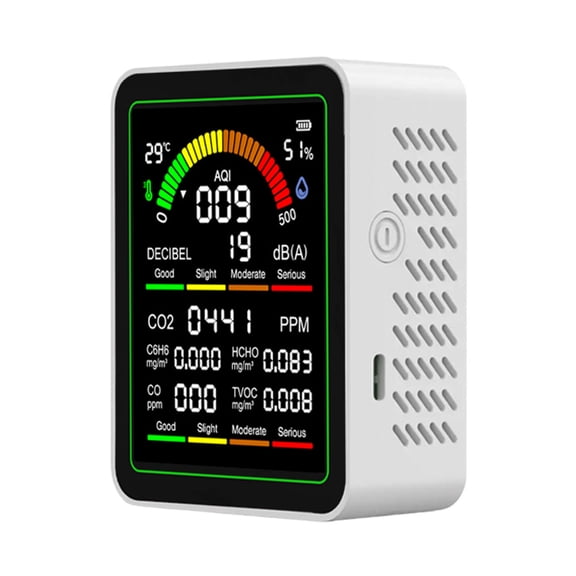 Hersfrd 9 In 1 Multifunctional Air Quality Detector Carbon Dioxide Airs Tester Gas Detector Lcd Screen Temperature/humidity Tester Noise/co2/tvoc/aqi/c6h6/hcho/co Detect (White)