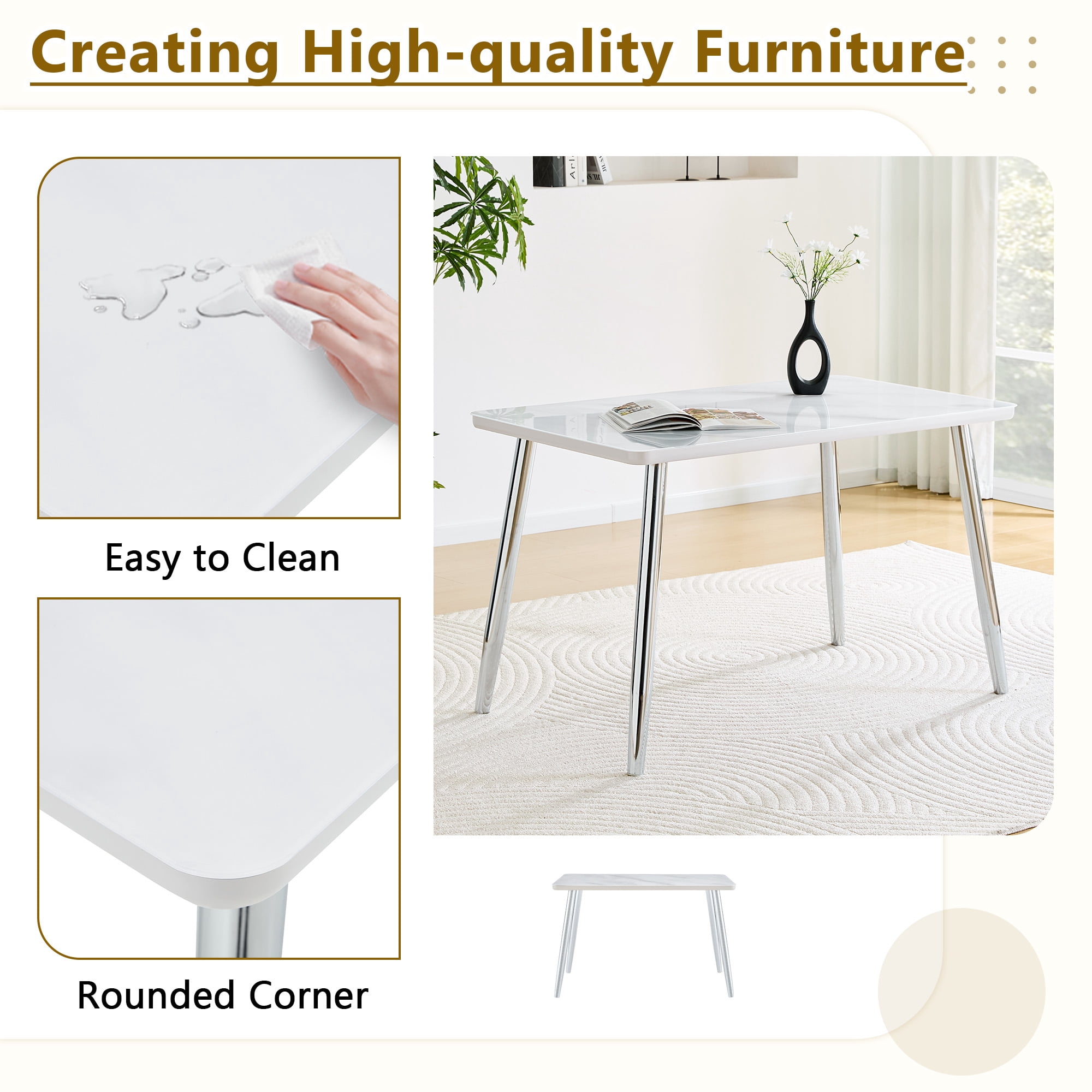 Hi loPres 47" Modern Rectangular Dining Table for Apartments, Faux Marble Tempered Glass Top Kitchen Desk with Stable Silver Metal Legs, Minimalist Style