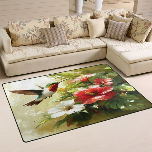 Hummingbird and Hibiscus Soft Polyester Area Rug 31''x20'', Non Slip, Memory Foam, Water Absorbent