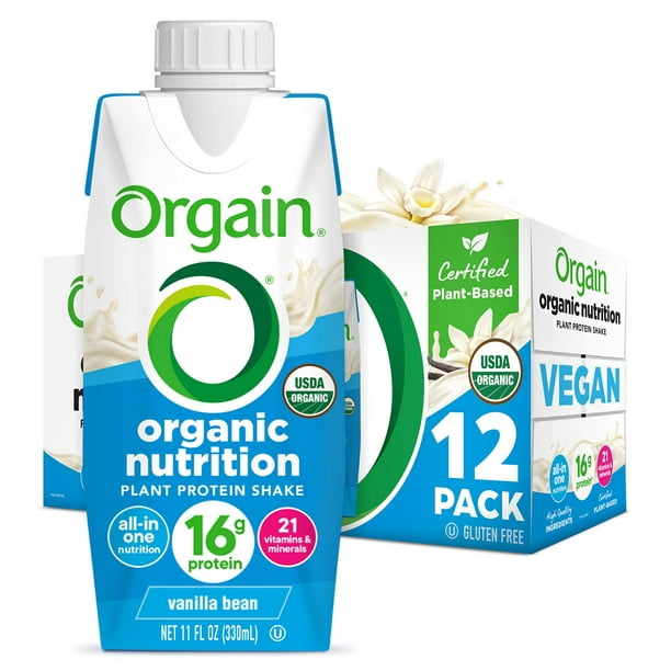 Orgain Organic Nutritional Vegan Protein Shake, Vanilla Bean - 16g Plant Based Protein, Meal Replacement, 21 Vitamins & Minerals, Fruits & Vegetables, Gluten Free, Non-GMO, 11 Fl Oz (Pack of 12)