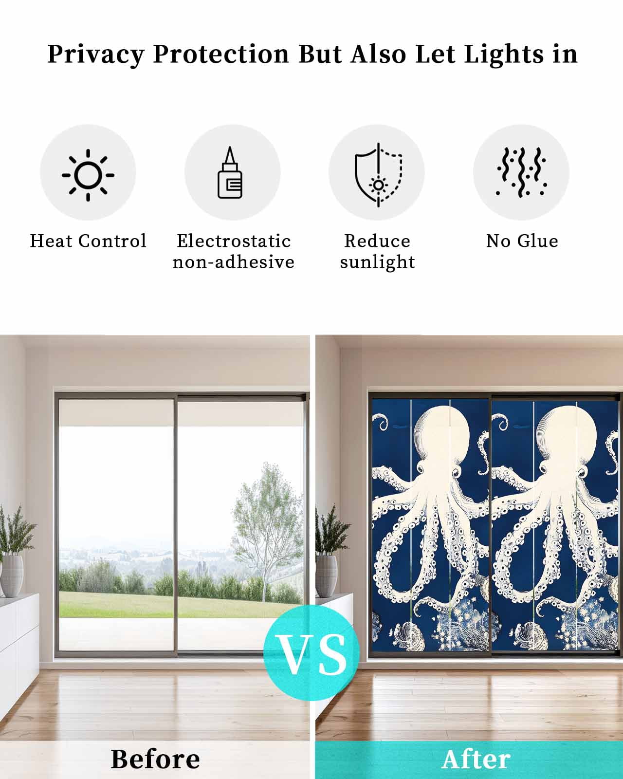 Window Privacy Film Beige Octopus Coastal Stained Glass Window Film Decorative Sun Block Window Cover Navy Blue Nautical Ocean Coral Window Clings Static Adhesive Sticker for Bathroom 23.6"x59"