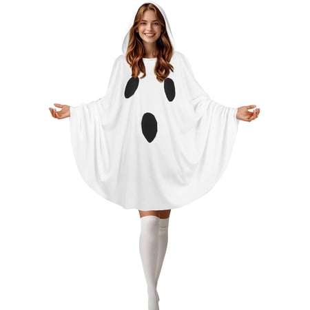 White Ghost Poncho for adult Halloween Costume Women with Attached Hood