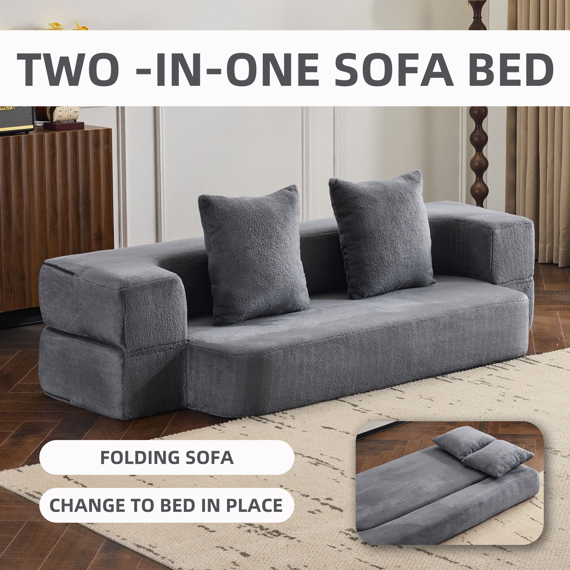 Jopath 75'' Futon Sofa Bed, Foldable Mattress Sofa Couch with Pillow Back & Armrest, Faux Fur Floor Couch Lounge Sleeper Sofa Bed for Living Room/Bedroom,No Assembly Required,Gray