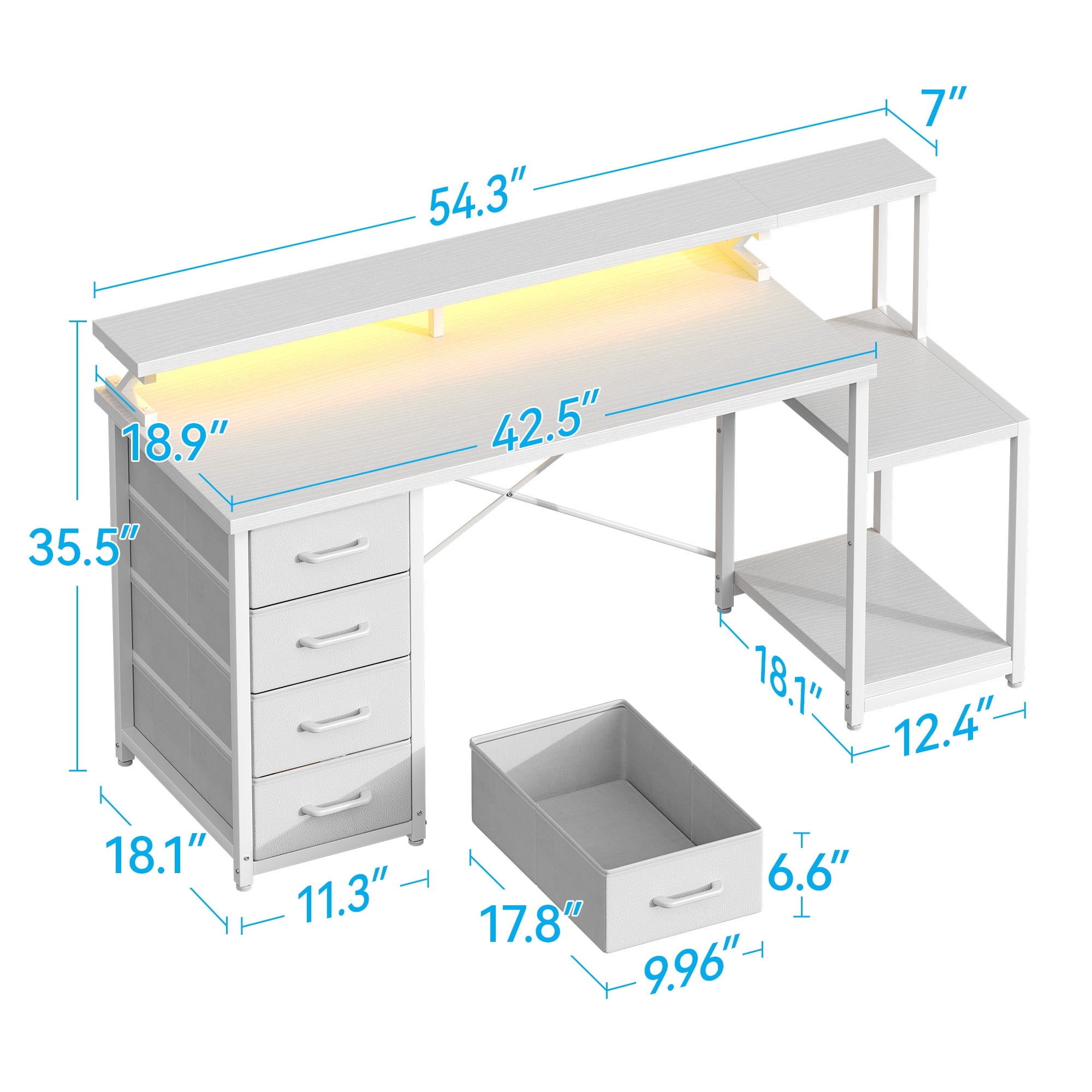 Casacomoda 55 Inch Computer Desk with LED Light, Monitor  Stand, Desk with 4 Drawers, Home Office Desk with Storage Shelves, White Office Desks, White