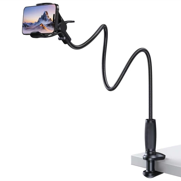 Lucrave Gooseneck Lazy Cell Phone Holder, 360° Flexible Long Arm Clamp Stand for 3.5‑6.7 Inch Smartphones, Black