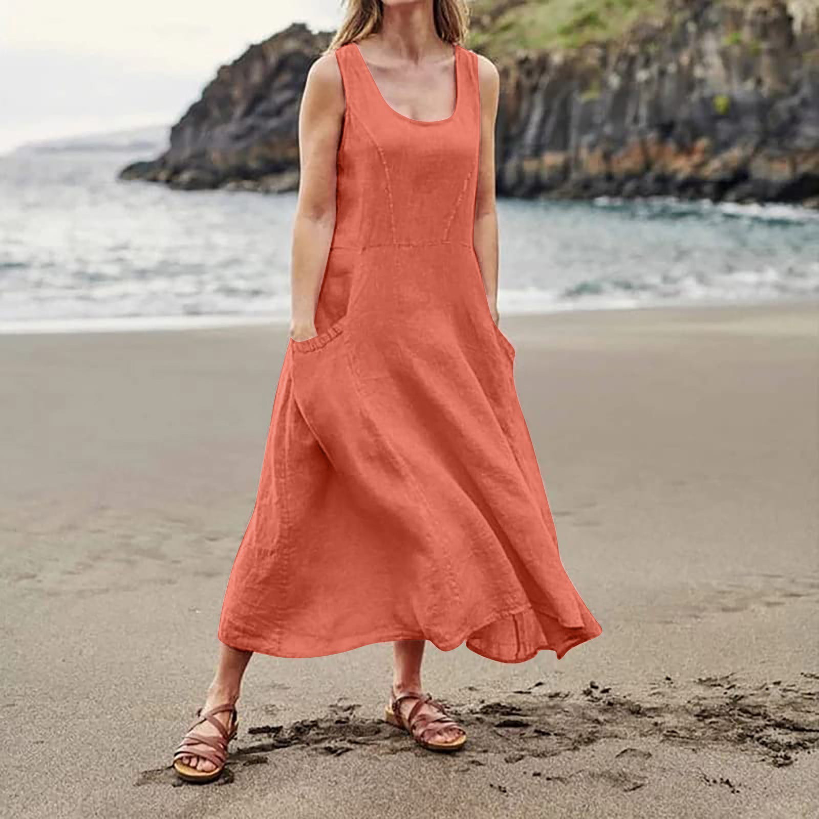Wolddress Womens 2024 Casual Sleeveless Sundress Plus Size Loose Plain Long  Summer Beach Maxi Dress with Pockets Apricot Pink S at  Women's  Clothing store