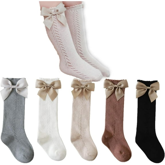 5Pairs Baby Girls knee high socks Toddler Bow Mesh Breathable Dress Socks Kids Cotton Tube Uniform Stockings