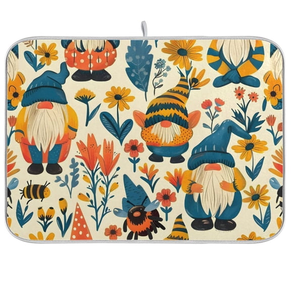 Bees Flowers Gnome Dish Drying Mat Dish Drainer Rack Mats Water Absorbent Non-Slip Easy Clean Heat Resistant for Kitchen Counter