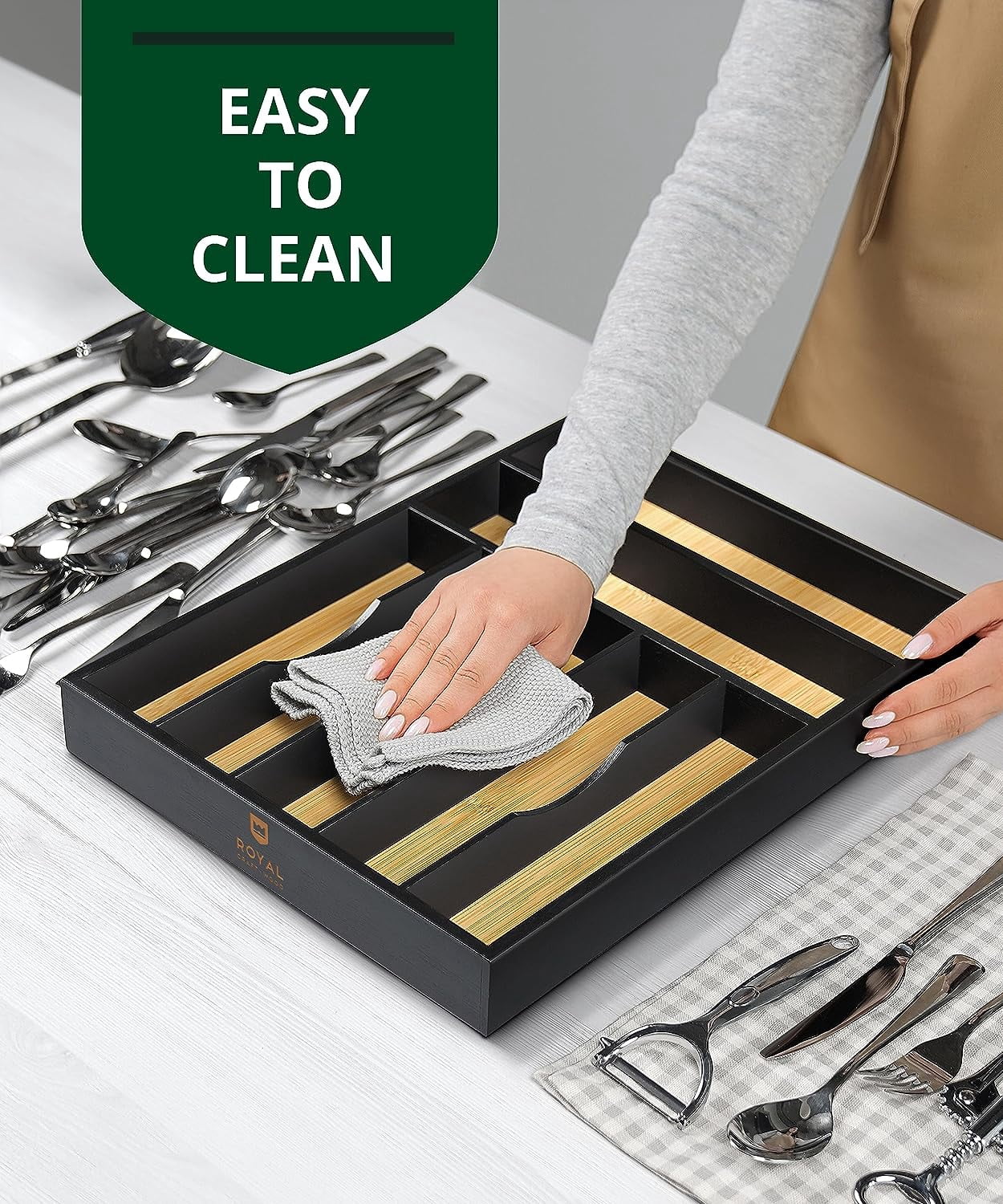 Royal Craft Wood Bamboo Kitchen Drawer Organizer Tray – Silverware Drawer Organizer and Utensil Holder for Flatware, Cutlery & Kitchen Storage (7 Slot, Nordic)