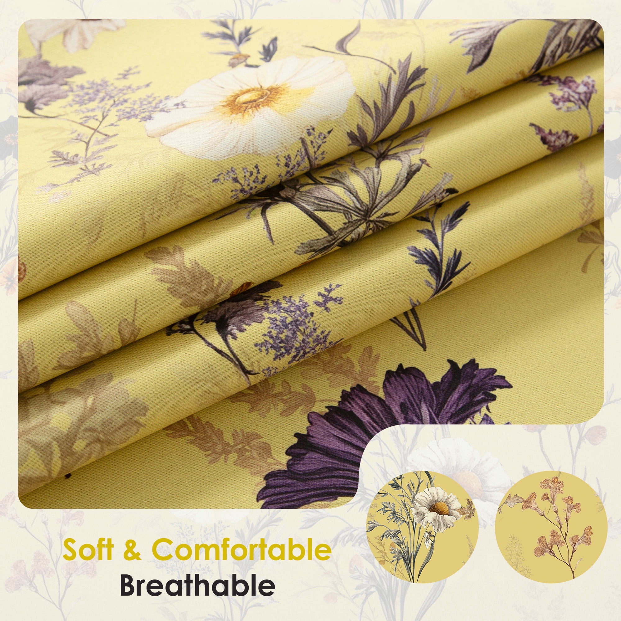 NICETOWN Floral Curtains for Bedroom, Blackout Thermal Insulated Privacy Protection Curtains Grommet Room Darkening Drapes for Living Room, Light Yellow, 52"x84"， 2 Panels