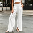 thumbnail image 5 of Wide Leg Linen Pants Women High Waisted Boho Beach Flowy Pants Pleated Casual Vacation Outfits Elastic Trousers Split Hem, 5 of 9