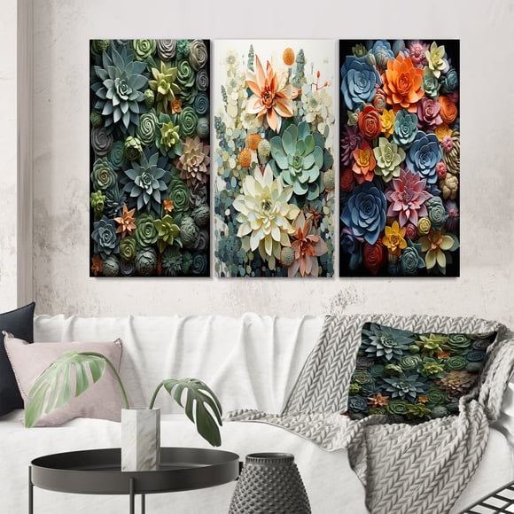 Designart "Nature s Sculptures Green Succulents" Floral & Botanical Wall Art Set Of 3 - Green Succulent Gallery Wall Set For Home Decor