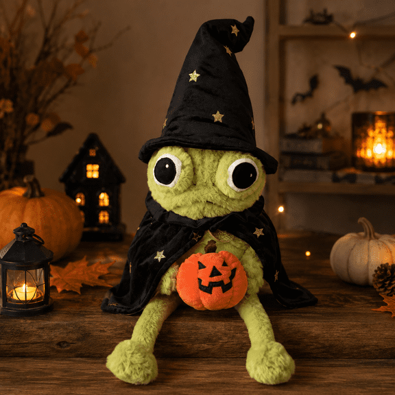 Moonlight Manor Halloween Wizard Frog Plush, Green Frog Witch Plush with Black Star Hat Cape and Pumpkin Bag, Spooky Cute Collectible Plush Decor for Halloween Shelf Desk Room Display